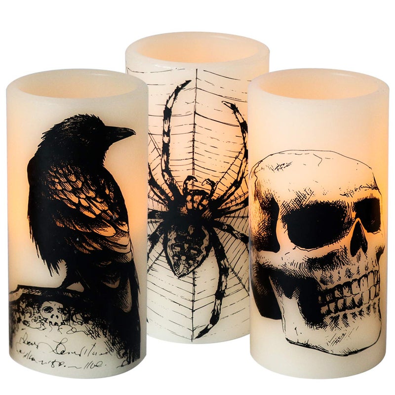 DRomance Halloween Flameless Flickering Candles Battery Operated with 6 Hour Timer White Real Wax Spooky LED Pillar Candles Skull Spider Crown Decals Hallloween Indoor Decor(3 x 6 Inches) - Image 1